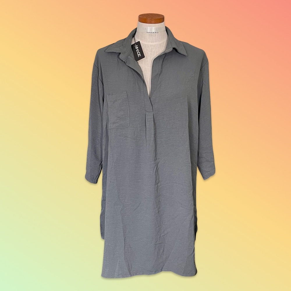 Aimage Oversized Gray Tunic Shirt Dress Cover up Collared V-neck SzL